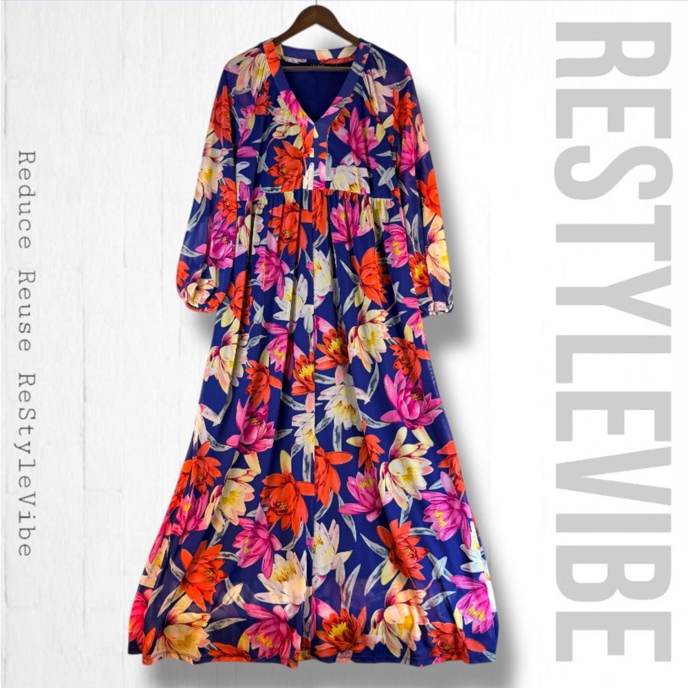 IMAN Women’s Size S Dress Maxi Long Sleeve Floral V-Neckline Lined Stretch